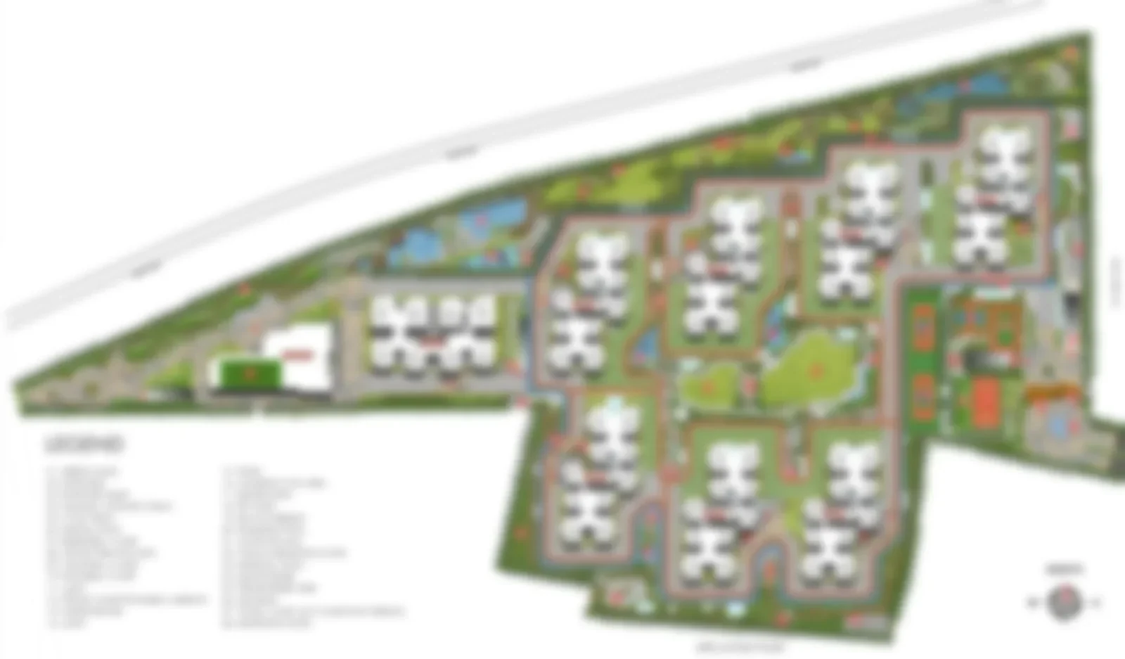 Master plan supplied for this project - it shows about 17 towers, not the 8 the marketing states My Home Konadasapura master plan showing about seventeen cruciform tower footprints in clusters across the site; the legend on the supplied file is blurred